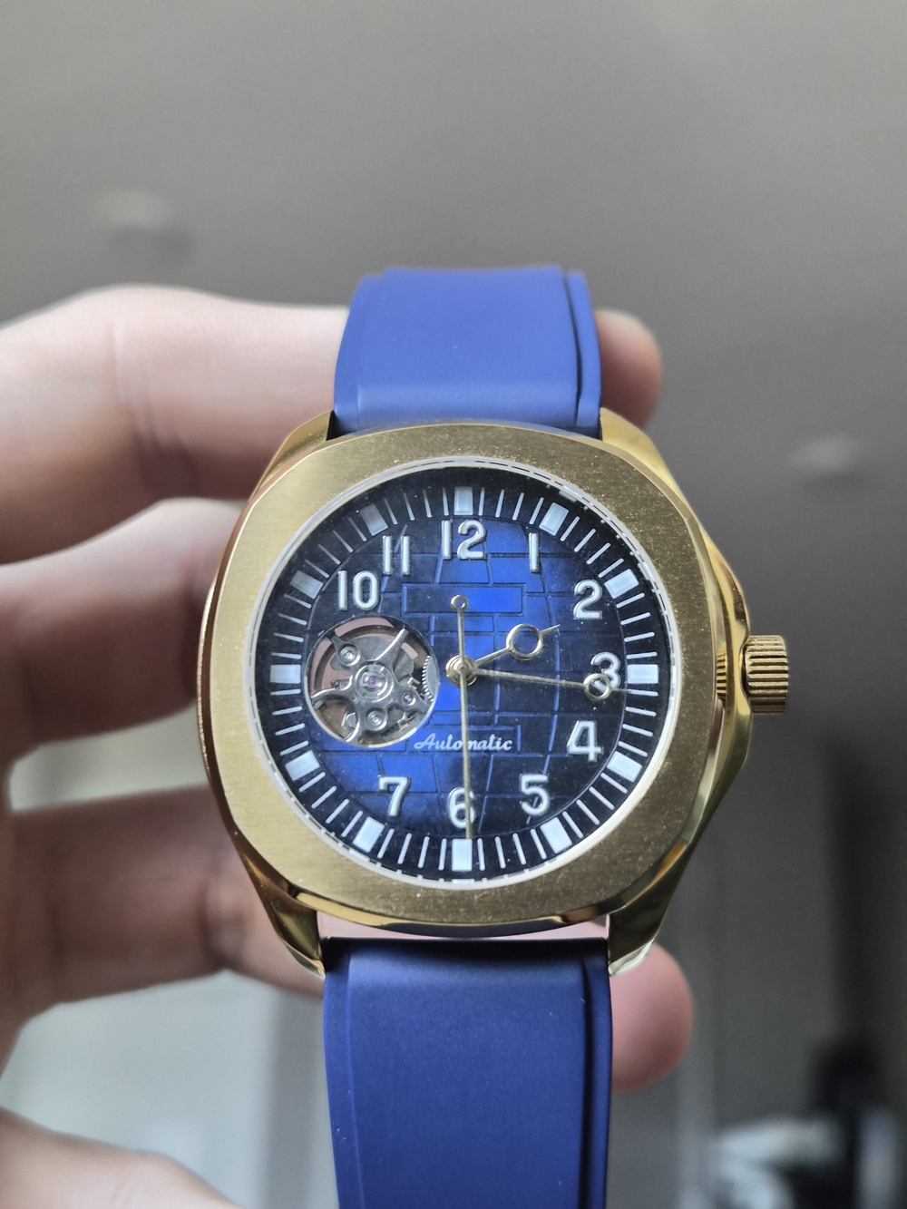 Gold-Tone Blue Dial Automatic Watch with Blue Silicone Strap
